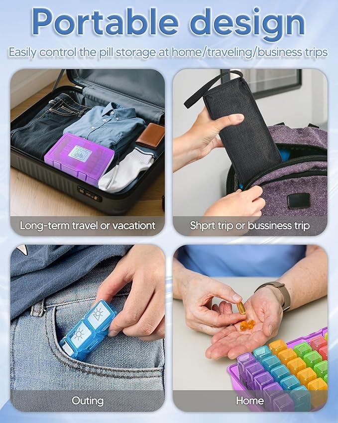 Monthly Pill Organizer 2 Times a Day – Yonlog Large Medicine Box with Weekly Travel Bag, Pill Cutter, Easy-Open Pick, Pill Taker Tool, and 2 Medication Stickers (Purple, 3 Times a Day)