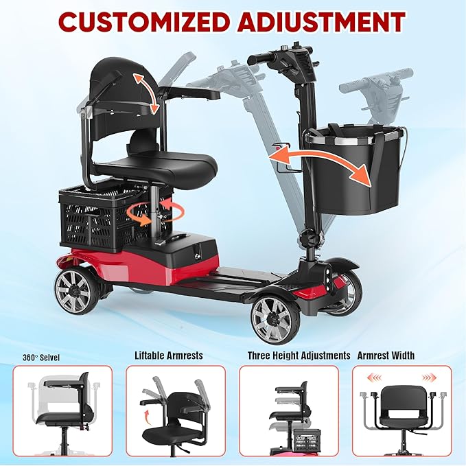 Mobility Scooter for Adults, 4 Wheel Motorized Mobility Scooter w/Dustproof Cover, 350LBS Capacity & Detachable Battery, 15Miles Electric Powered Mobility for Outdoor (Red, 15 MI)