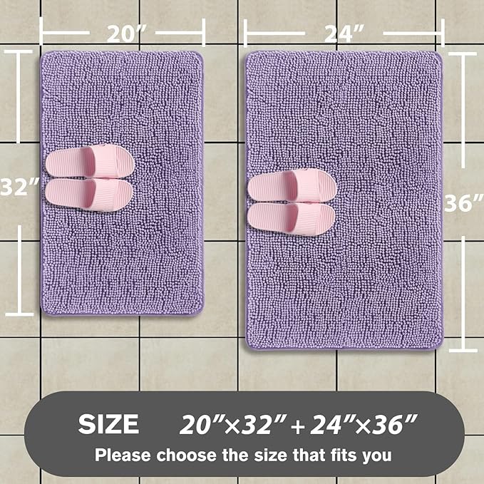 Lavender Bathroom Rugs Sets 2 Piece – Absorbent and Washable Bath Mat, Non-Slip, Thick Soft Chenille Bath Rugs for Bathroom Floor, Shower, Sink - 20" x 32"+24" x 36"