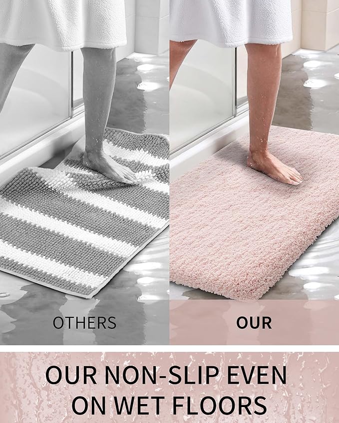 Bathroom Rugs Non Slip Washable, Ultra Thick Soft Microfiber Absorbent Bath Mats, High Density Foam Latex Non Slip Backing Bath Rugs, Fluffy Floor Carpet for Tub&Shower 24x17, Pink