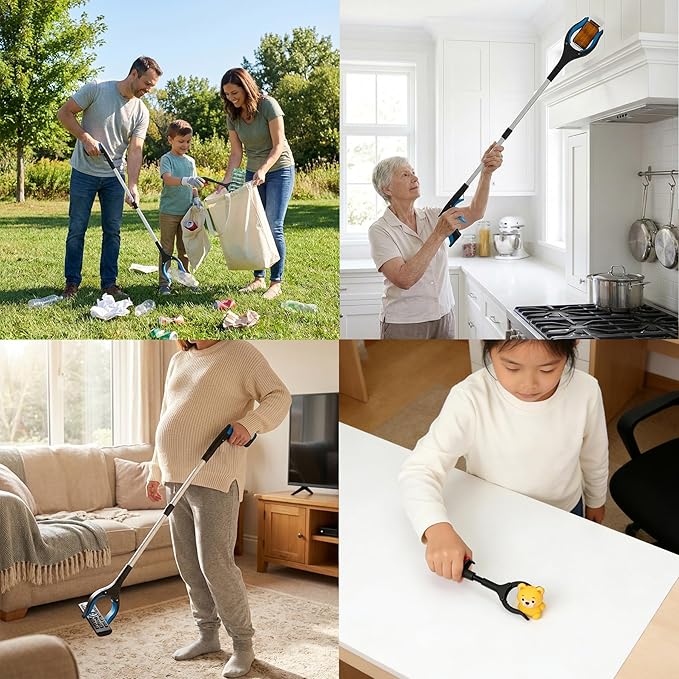 4 Pack Reacher Grabber Set: 32" Foldable Pick Up Tool with Magnet (Blue/Yellow), 16" Stainless Steel & 12" Mini Iron Grabber, 360° Rotating Head Trash Picker for Seniors & Garden