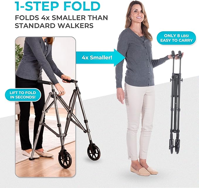 Stander Space Saver Walker, Lightweight Folding Rolling Mobility Aid for Seniors & Adults, Compact 2-Wheel Disability Device with 6-inch Wheels & Ski Glides for Walking Support, Black Walnut