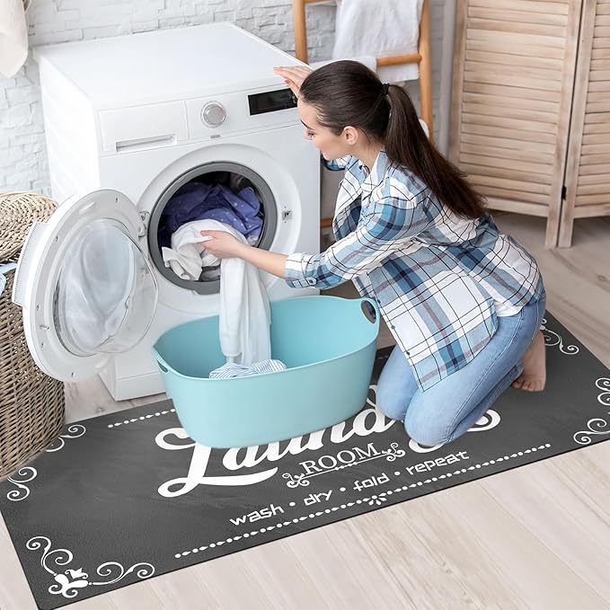 XLHOMO Laundry Room Rug Runner, 17"x60" Non Slip Grey Nappa Leather Laundry Rugs, Farmhouse Washable Floor Laundry Mats for Laundry Room, Kitchen, Washroom, Bathroom, Mudroom, Hallway Entryway Decor