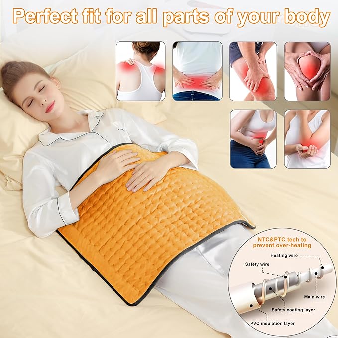 Deepsoon Heating Pad,Electric Heating Pads for Back,Neck,Moist Heating Pad for Abdomen Shoulder Knee Legs,Dry/Moist Heat&Auto Shut Off,Mother's Day Birthday for Men and Women,Orange Black,24x20 Inch