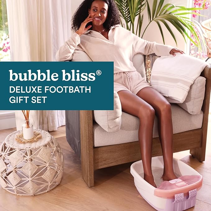 Homedics Bubble Bliss Deluxe Footbath Gift Set – Maintain Heat Foot Spa with Invigorating Bubbles, 3 Massage Attachments, Pumice Stone, Moisturizing Heel Socks & Splash Guard for Ultimate Relaxation