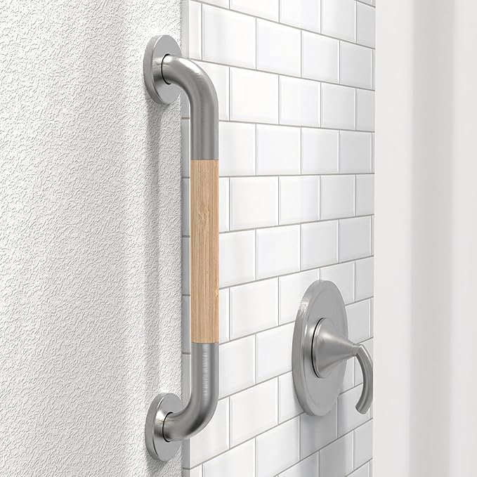Safety Grab Bar for Bathroom & Toilet, Natural Bamboo Handle, ADA Compliant Balance Assist Handrail for Handicap and Seniors, 16in Brushed Nickel