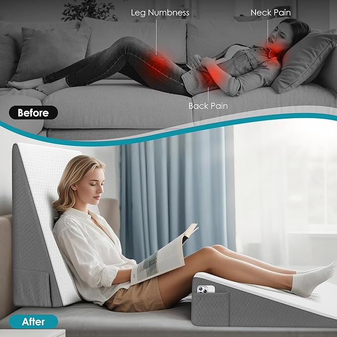 12 inch Bed Wedge Pillow for Sleeping, Reading & Resting, Cooling Memory Foam Incline Pillow Wedge for Adults Seniors, Ideal for Couch, Bedroom & Living Room, Removable Washable Cover