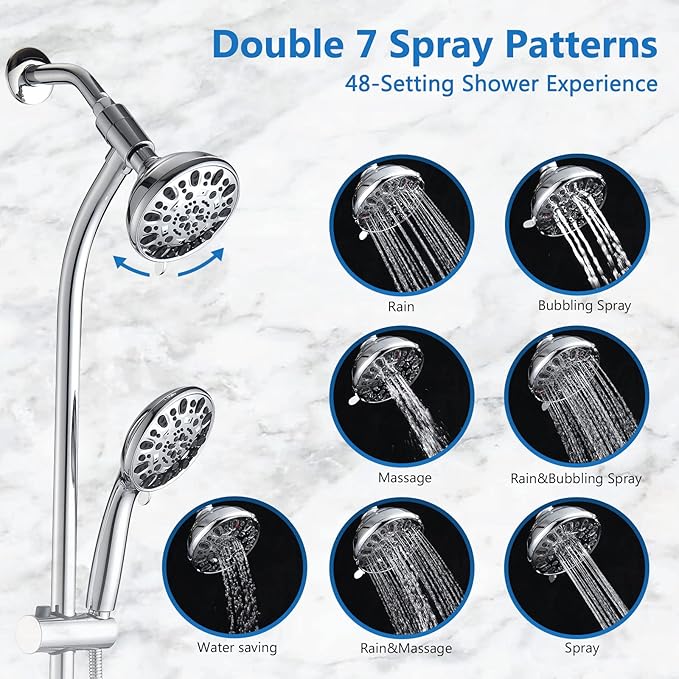High Pressure 48-Settings Shower Head with Handheld Shower,Drill-Free 3-Way Diverter for Easy Reach,Adjustable Height Slide Bar Dual Shower Head Combo Set - Chrome