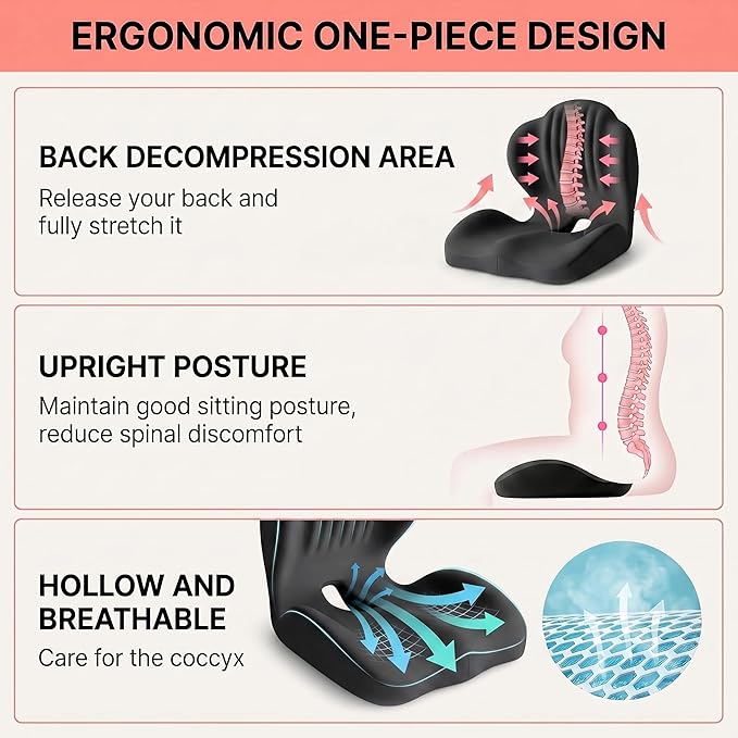 Ergonomic Waist Support and Seat Cushion, 2-in-1 Memory Foam Pad, Hollow Design for Coccyx, Suitable for Office Chairs, Car Safety Seats and Household Use - Relieves Lower Back and Hip Pain (Black)