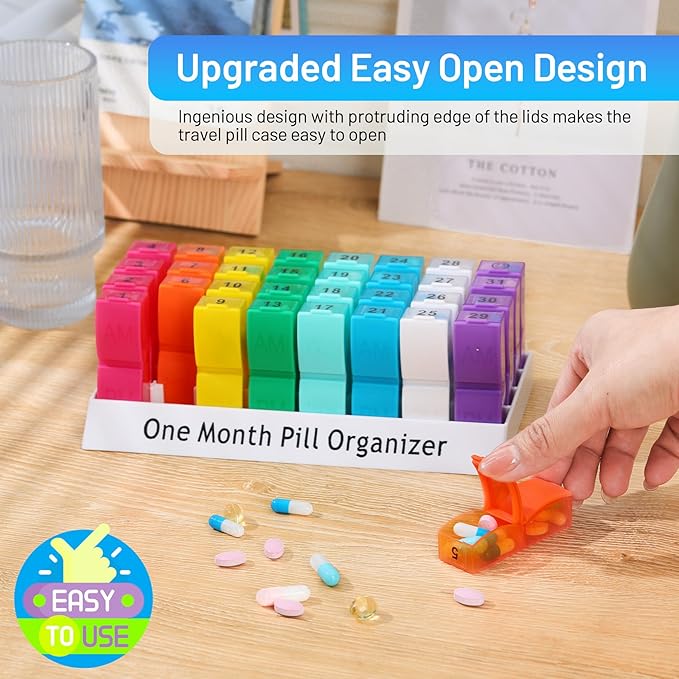 CAidRE Ultra-Compact Monthly Pill Organizer AM PM, 31 Day Pill Box 2 Times a Day for Small Pills, Portable Travel Vitamin Case with Detachable Daily Compartments, DIY Number Labels, Frosted Matte