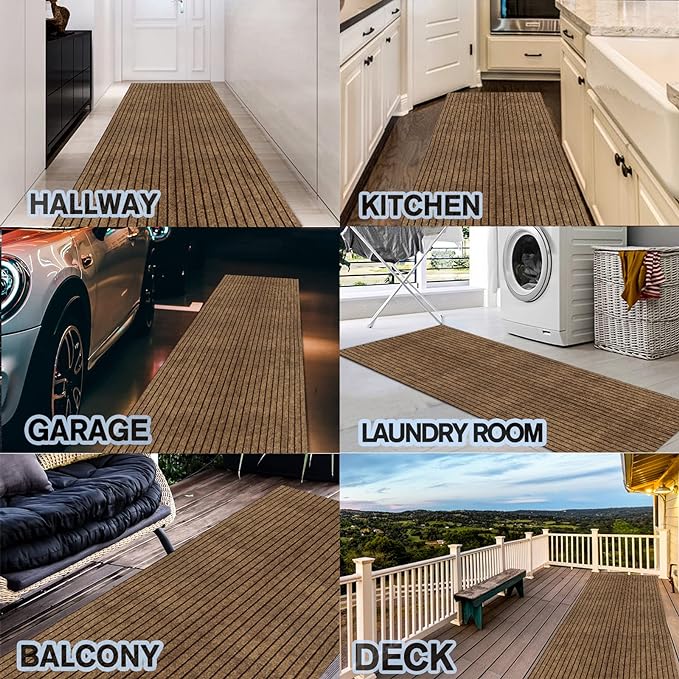 Custom Size Backed Non-Slip Area Rugs Runner, Easy Clean, Waterproof Runner Rugs for Hallway Entryway, Kitchen, Laundry, 4FT x 57FT, Brown Stripe