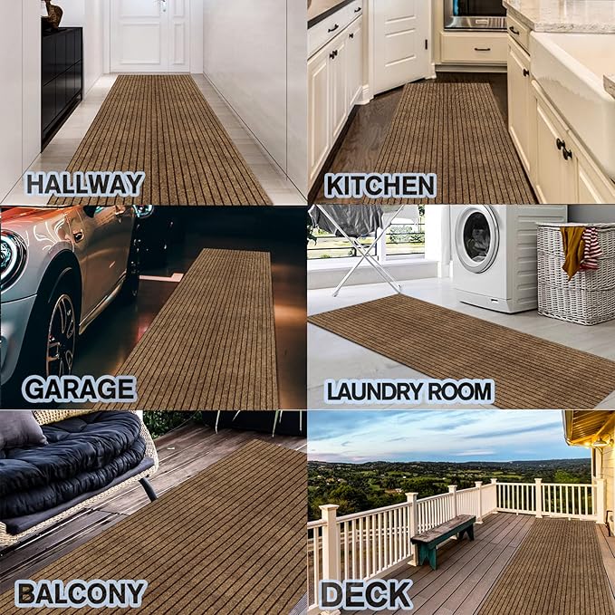 Custom Size Backed Non-Slip Area Rugs Runner, Easy Clean, Waterproof Runner Rugs for Hallway Entryway, Kitchen, Laundry, 2FT x 75FT, Brown Stripe