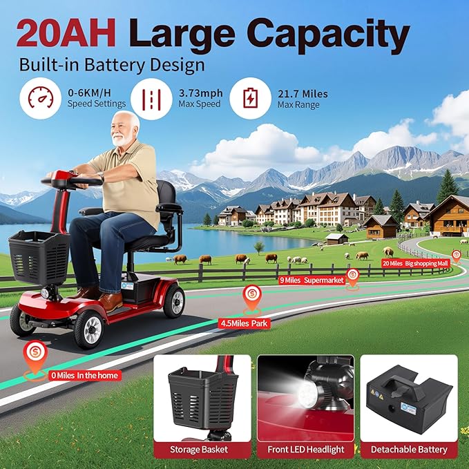 Foldable Mobility Scooter for Seniors - 418 LBS Weight Capacity, Tight Turning Radius, Easy to Use & Fold, Fits in Car Trunk, 21.7-Mile Range, 360° Seat