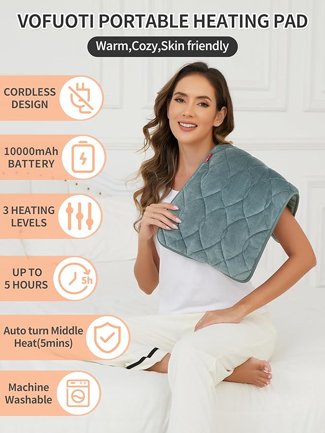 Vofuoti Portable Heating Pad, Electric Heat Pad with 10000mAh Battery and 3 Heat Settings, Cordless Heating Pad for Back, Abdomen, Rechargeable Outdoor Heated Pad for Women Men