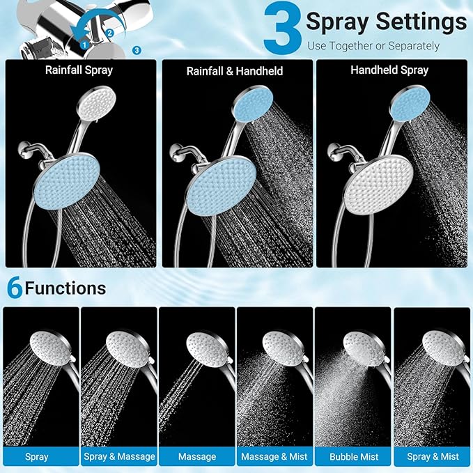 dual shower head with handheld combo,8.6 inch Rainfall showerhead,6 settings hand held shower heads with hose (Chrome)