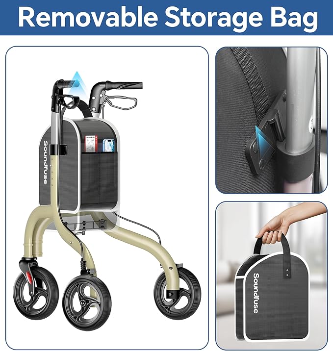 SOUNDFUSE 3 Wheel Walkers for Seniors, Lightweight Foldable Aluminum Rollator Walker, Height Adjustable Three Wheel Walker, Champagne