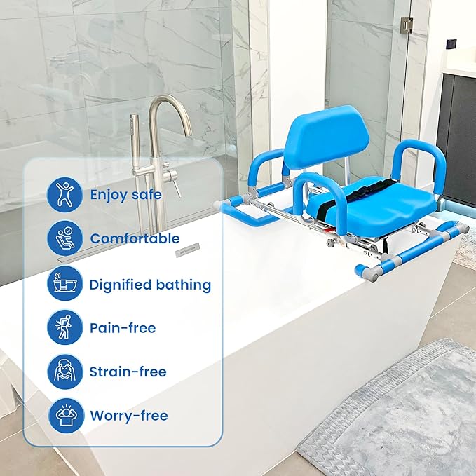 Platinum Health HydroSlide Sliding Shower Chair Swivel Seat for Bathtub, Soft, Padded with industry-exclusive, patented Gap-Bridge safety feature. Padded Armrests. Ideal for Elderly and Seniors (Blue)