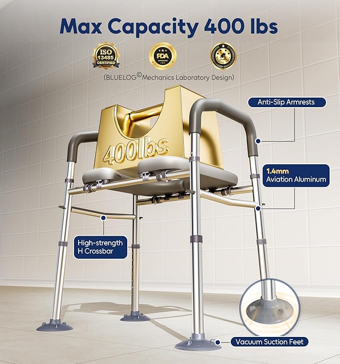 Bluelog Toilet Seat Risers for Seniors, 6 Width & 7 Height Adjustable Raised Toilet Seat with Handles, Elevated Toilet Seat for Elderly, Handicap, Heavy Duty 400lbs Build, Fit Any Toilet, Grey