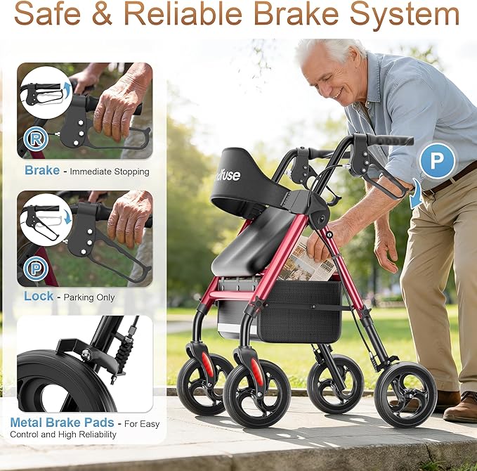 SOUNDFUSE Walkers for Seniors, Rollator Walker with Seat, 8" All Terrain Wheels, Double Support Bar, 16" Ergonomic Arc Seat and Comfortable Backrest, Dual Height Adjustable and Foldable Design