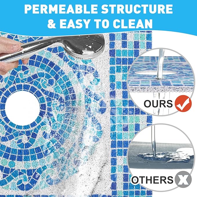 Square Shower Mat Non Slip: 32 x 32 Inch Extra Large Shower Mats with Drain Hole in Middle - PVC Loofah Anti Slip Shower Floor Matt for Inside Shower