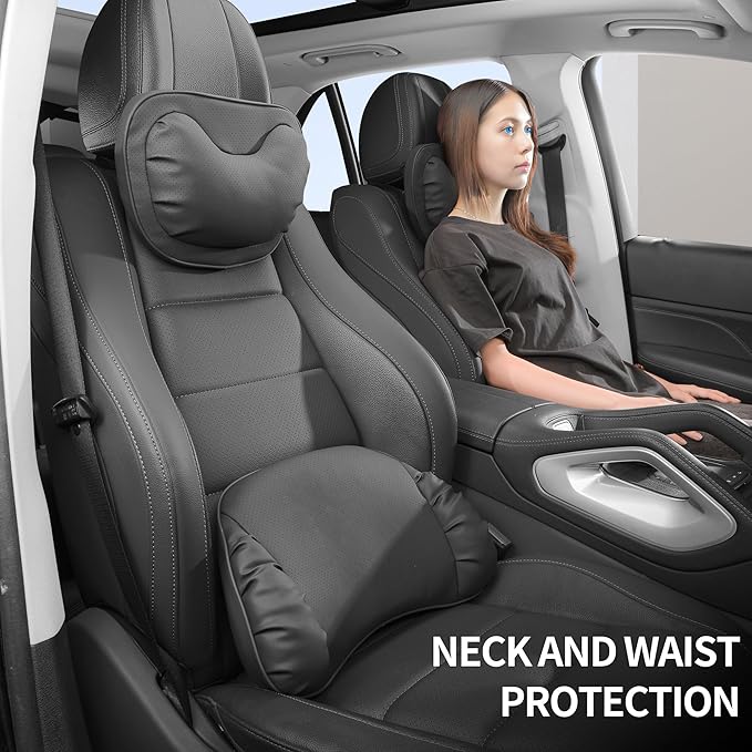 Lumbar Support Pillow for Car Seat, Memory Foam Leather Lumbar Pillow for Lower Back Pain Relief - Back Cushion for Driving - Chair Support for Office Chair, Gaming Chair, Black, 1 Pack