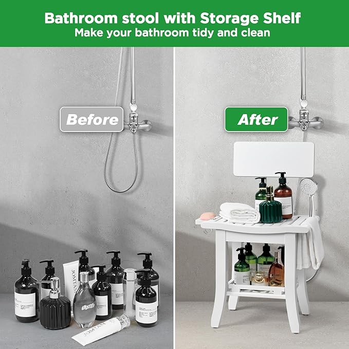 Ollieroo Two-Tier Bamboo Shower Chair for Inside Shower, Waterproof Baby Bath Seat with Storage Shelf, Soap Dish and Shower Head Holder, Shower Stool for Seniors Adults Disabled Pregnant(White)