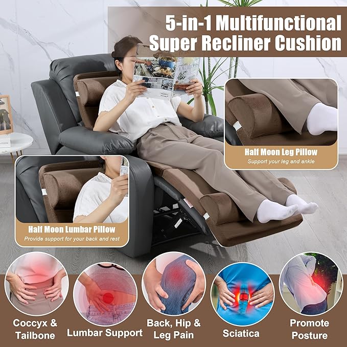 HOMBYS 5-in-1 Recliner Seat Cushion for Elderly+Lumbar Support Pillow + Leg Pad, with Adjustable Half Moon Neck Pillow & Footrest, Foam Filling with Velvet Fabric, Thick & Non-Slip, Brown