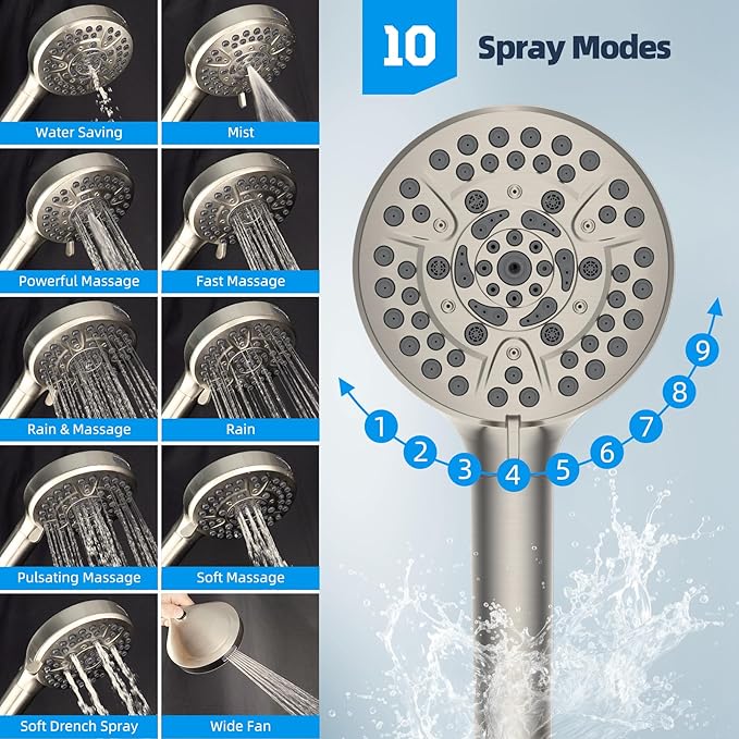 Hibbent All Metal CUPC Certified Shower Head, 10'' High Pressure Rainfall Shower Head, Handheld Showerhead Combo with 12'' Adjustable Extension Arm, 10-Spray, 71'' Hose, Shower Holder, Brushed Nickel
