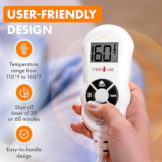 TheraCare Digital 12” x 15” Heating Pad | Moist & Dry Heat | Wide Range 110°F-160°F | Soothing Warm Relief | Personal Size 12” x 15” | Safe, Automatic Shut Off