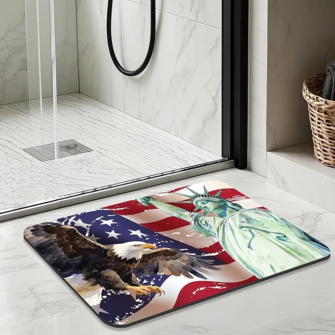 Quick Dry Bath Mat for Bathroom,Super Absorbent Patriotic 4th of July Welcome Bath Rug Non-Slip Rubber,Machine Washable Bathroom Floor Mat for Shower, Tub, Sink Area Independence Day Eagle 16x24
