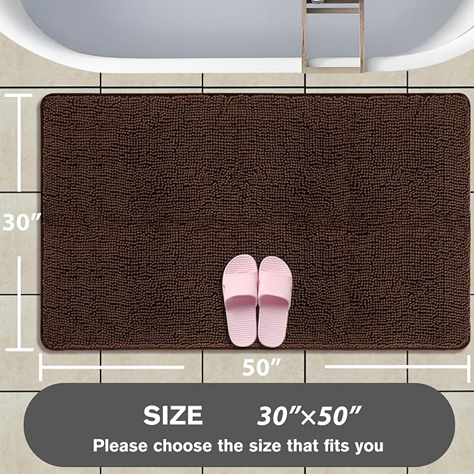 Bathroom Rugs 30 x 50 Inch – Extra Large Bath Mat | Absorbent and Washable Thick Chenille Bath Rugs Non-Slip Runner Rug for Bathroom, Shower, Tub(Brown)