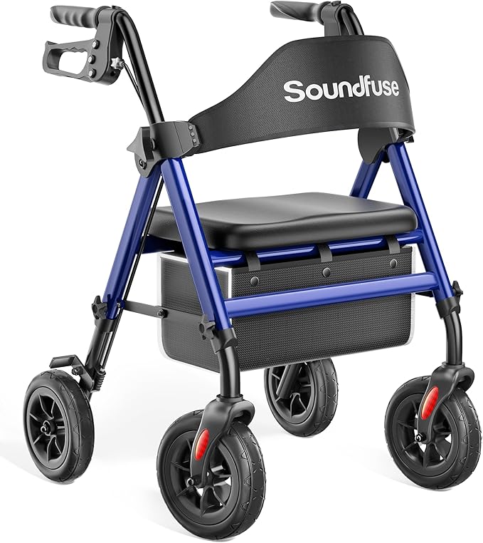 SOUNDFUSE Rollator Walkers for Seniors with Seat, Foldable Lightweight Rolling Walker with 8" Big PU Wheels, Ergonomic Seat, Dual Height Adjustment