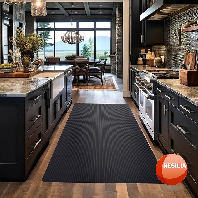 RESILIA Black Plastic Floor Runner - Embossed Wide Rib Waterproof Vinyl, Heavy Duty Protector Mat for Indoor Hardwood, Hard Floors, Garage, Entryway, Kitchen, & Outdoor Use, 36” x 12’, Made in USA