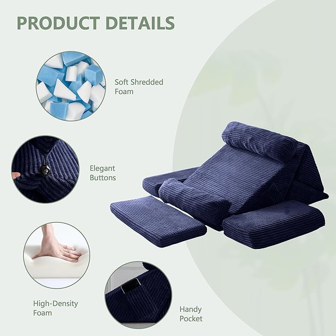 HIGOGOGO 10PCS Orthopedic Bed Wedge Pillow Set – Adjustable Soft Foam Body Positioners for After Surgery Recovery, Back & Leg Pain Relief, Sitting Up in Bed, Acid Reflux & GERD, Navy