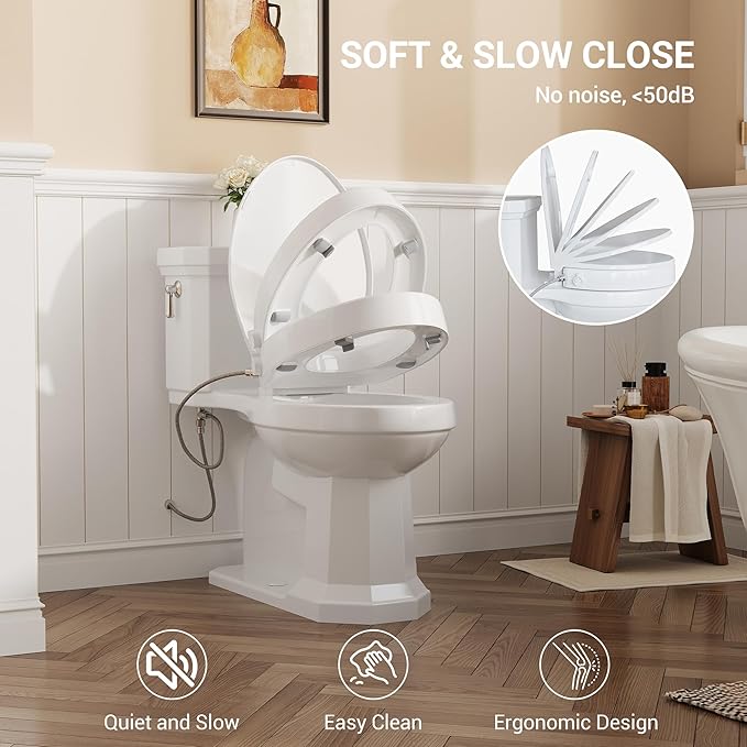 Bidet Toilet Seat Non Electric, Elongated Raised Toilet Bidet Seat with Dual Nozzles, Self Cleaning, Soft Close Lid, Rear and Feminine Washing for Seniors Adults