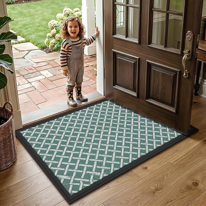 LUMI Front Door Mat 30x48, Low-Profile Non-Slip Welcome Mat for Indoor Outdoor, Stain & Fade Resistant Geometric Door Mat for Entryway Patio Porch, Grid-Teal