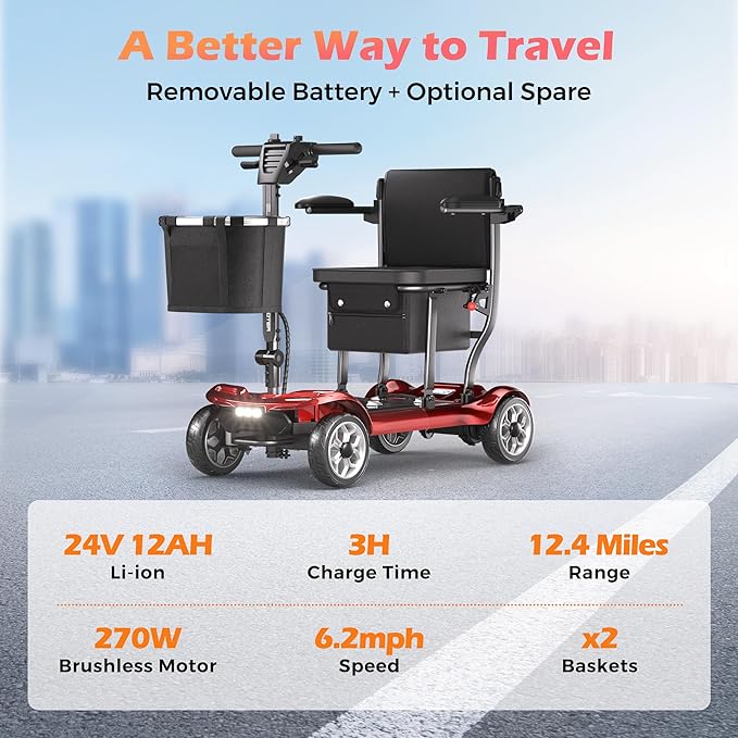 Lightweight Mobility Scooter for Seniors & Adults - Cruise & Airport Approved, 43lb Foldable Portable Motorized Scooters with Removable Lithium Battery for 12.4 Miles Travel, 300lb Capacity, Red
