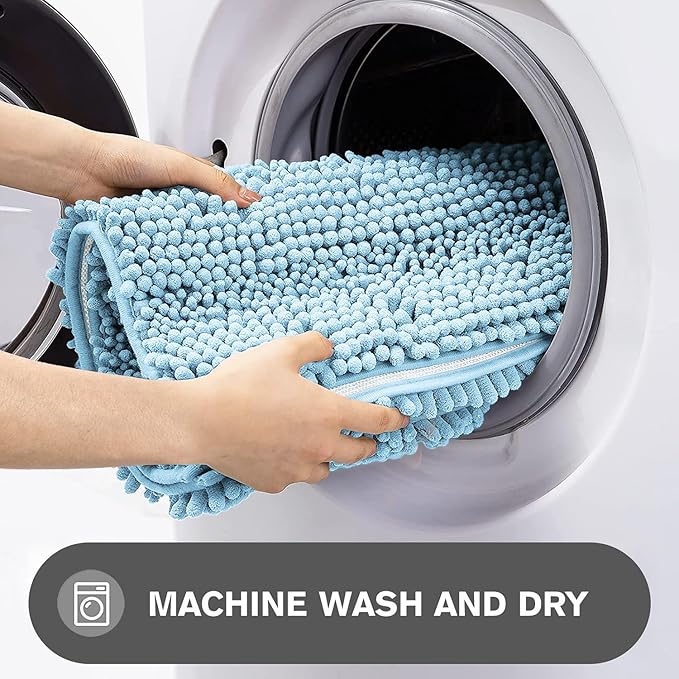 Light Blue Bathroom Rugs – Absorbent and Washable Bath Mat, Non-Slip, Thick Soft Chenille Bath Rugs for Bathroom Floor, Shower, Sink - 20" x 32"