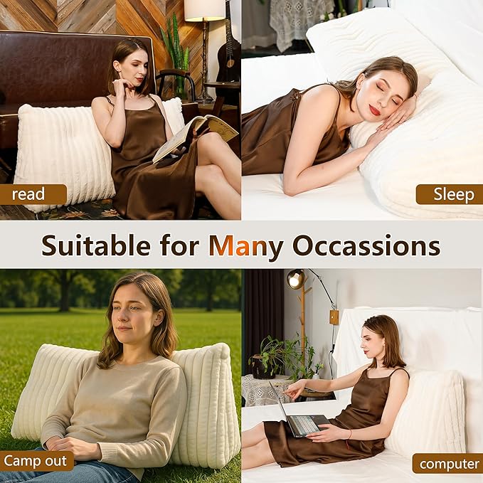 Luxury Faux Fur Headboard Pillow Twin Size - Triangular Wedge Cushion for Bed & Sofa, Fluffy Reading Backrest Bolster with Detachable Neck Roll, Washable Cover & Side Pocket, Ivory