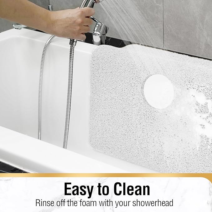 HITSLAM Shower Mat with Center Drain Hole, 24 x 16 Inch Non Slip Bath Mat for Textured Tub, Soft Loofah-Style Bathtub Mat Without Suction Cup, Quick Drying Stall Floor Mat, Bathroom Accessories, White