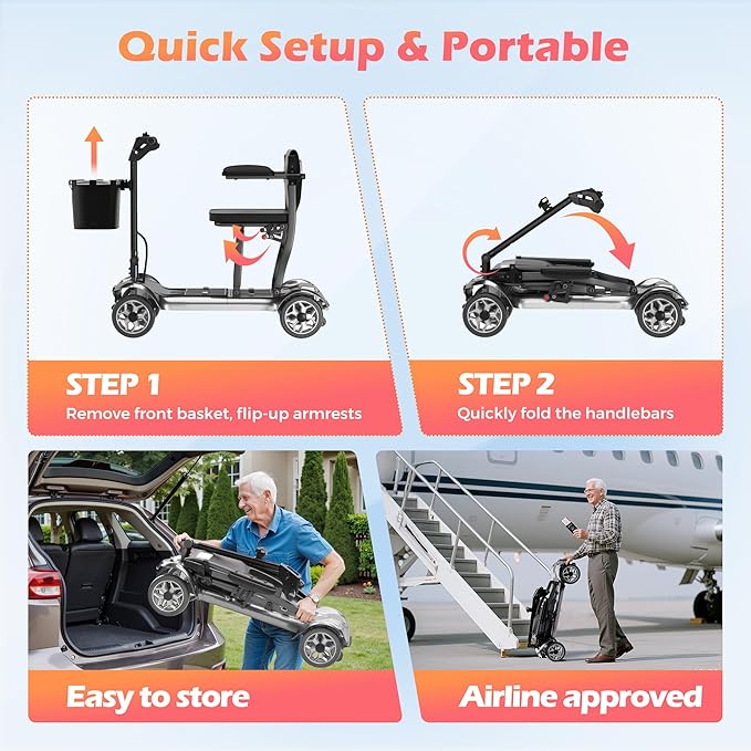 Lightweight Mobility Scooter for Adults & Seniors - Cruise & Airport Approved, 43lb Foldable Portable Motorized Scooters with Dual Lithium Batteries for 24.8 Miles Travel, 300lb Capacity, Silver