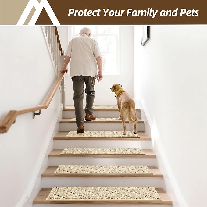 COSY HOMEER Stair Treads for Wooden Steps 9"x28",Washable Non Slip Peel and Stick Carpet Stair Treads with Reusable Residue Free Backing Soft Pet Friendly Stair Runner for Kids Elders,Warm Beige,10pcs