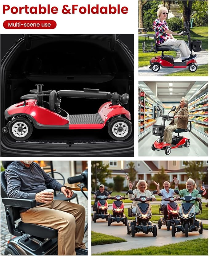 4 Wheel Compact Mobility Scooter for Seniors and Adults,Foldable Electric Scooter, Heavy Duty Travel Model with Lights, Basket, and Long-Lasting Battery208 red