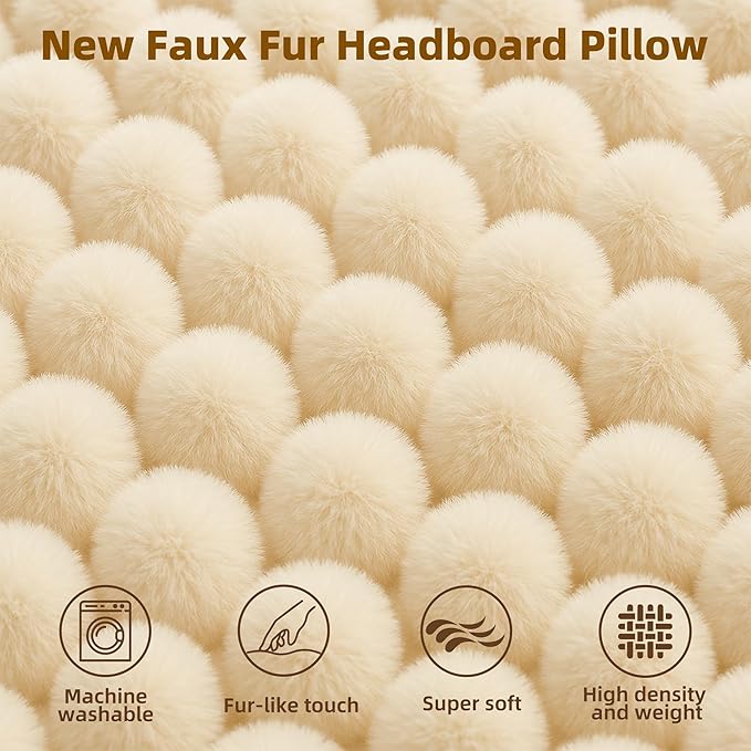 Luxury Faux Fur Headboard Pillow Twin Size - Triangular Wedge Cushion for Bed & Sofa, Fluffy Reading Backrest Bolster with Detachable Neck Roll, Washable Cover & Side Pocket, Ivory