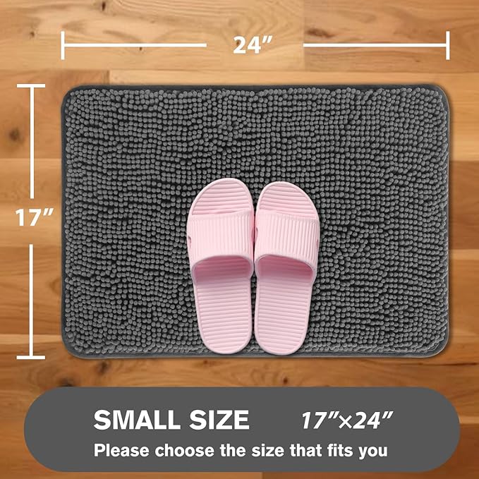 Gray Bathroom Rugs – Absorbent and Washable Bath Mat, Non-Slip, Thick Soft Chenille Bath Rugs for Bathroom Floor, Shower, Sink - 17" x 24"