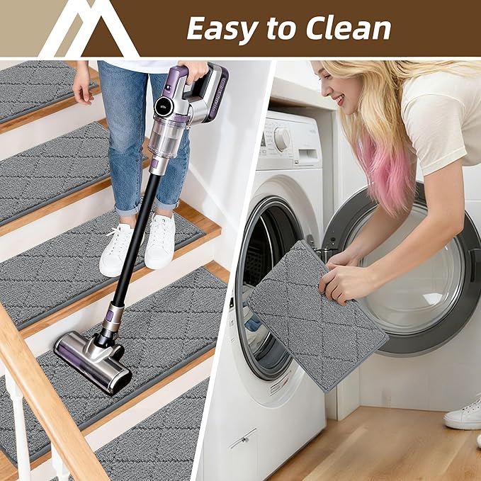 COSY HOMEER Stair Treads for Wooden Steps 9"x28" Washable Indoor Carpet Stair Treads Non Slip Soft Polyester Stair Carpet Tread Reusable Stair Runner Rugs for Kids, Elders,Pets,Medium Grey,4pcs