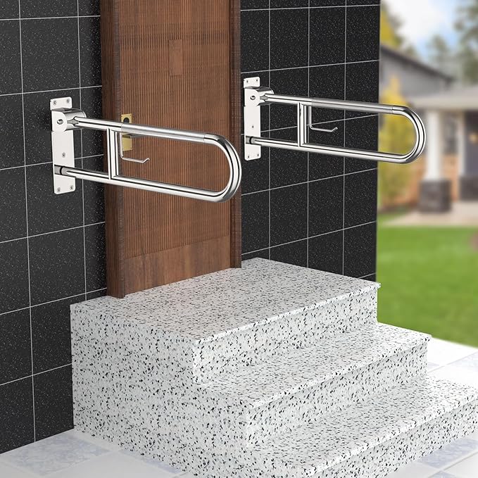 Toilet Grab Bar 30.3 Inch Chrome, Munzong Anti-Slip Handicap Grab Bars with Paper Holder, Flip-Up Bathroom Safety Rails, Stainless Steel Knurled Support handrails for Seniors Elderly Disabled Pregnant