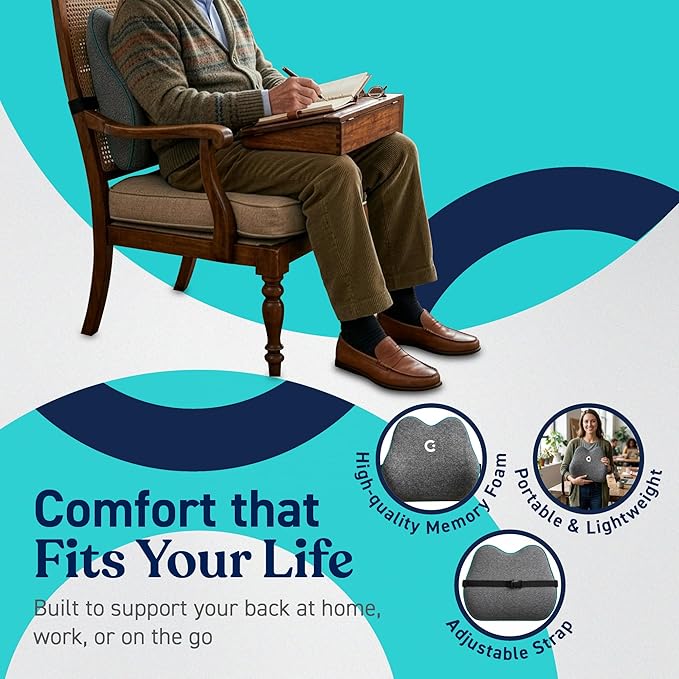 Cubii Cushii V2 Back Support Cushion for Lower Back Support, Lumbar Support Pillow with Contoured Design and Adjustable Strap for Office Chair, Desk Chair, Kitchen Chair and Couch