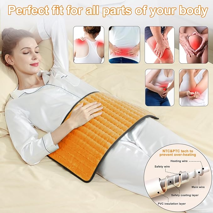 Deepsoon Heating Pad,Electric Heating Pads for Back,Neck,Moist Heating Pad for Abdomen Shoulder Knee Legs,Dry/Moist Heat&Auto Shut Off,Mother's Day Birthday for Men and Women,Orange Black,24x12 Inch