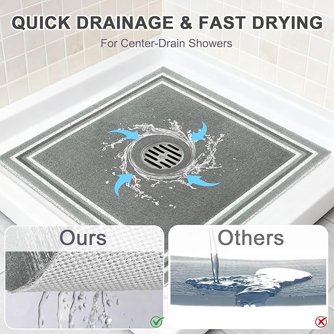 Square Shower Mat Non Slip: 24x24 Inch Extra Large Shower Mats for Inside Shower, Anti Slip Shower Floor Mat, Loofah Shower Stall Mats for Elderly, Non Slip Shower Mat with Drain Hole in Middle